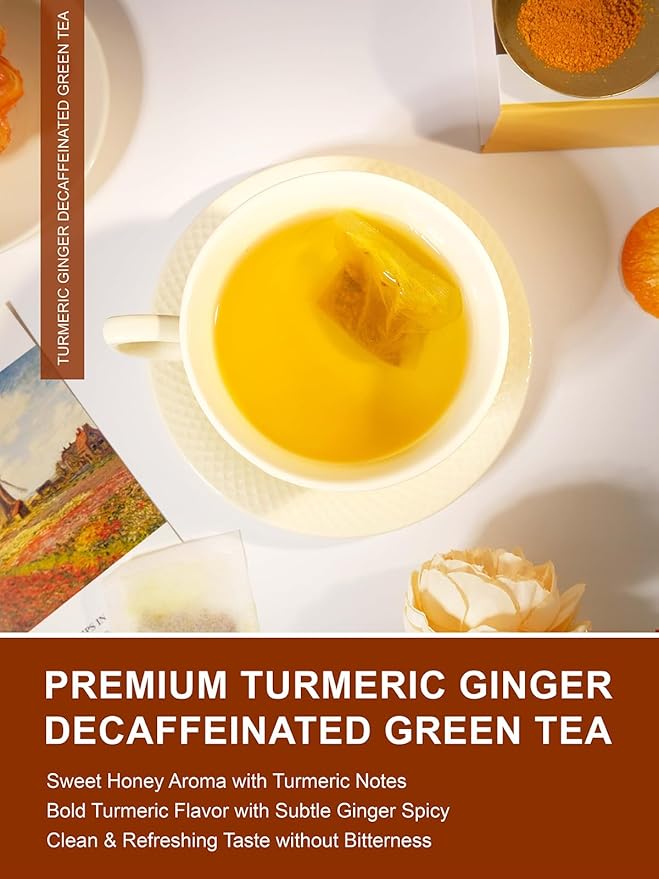 TeeLux Ginger Turmeric Decaf Green Tea, Smooth Decaffeinated Green Tea with Spicy Ginger, Earthy Turmeric & Sweet Honey Aroma, 100 Count, Hot & Iced Tea