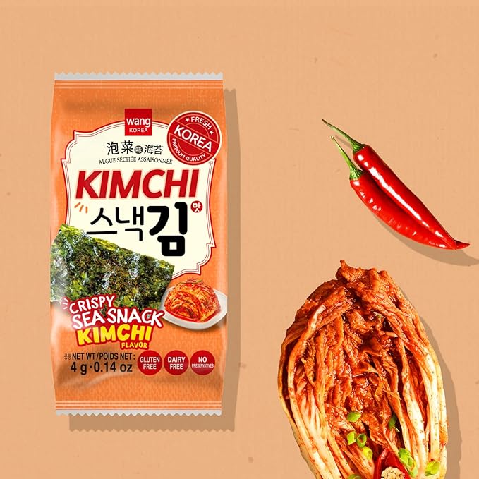 Wang Korean Seaweed Snacks Kimchi Flavor - Crispy Roasted Seaweed Sheets, Healthy Sea Weed Snack, Keto, Vegan, Gluten-Free - Pack of 16