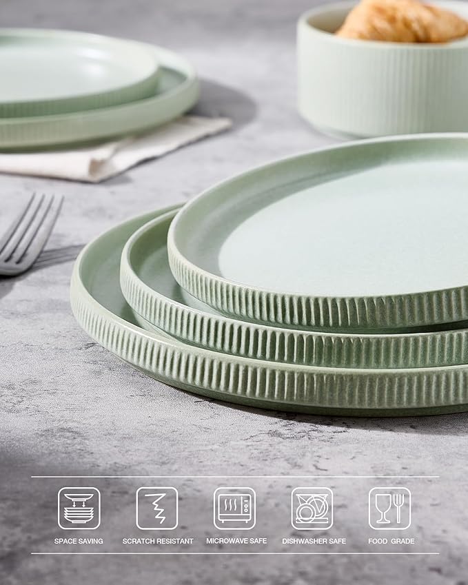 famiware Star Dinner Plates for 6, 10 inches Plate Set, Scratch Resistant, Stoneware Dinnerware, Kitchen Modern Rustic Serving Dishes, Matte Green