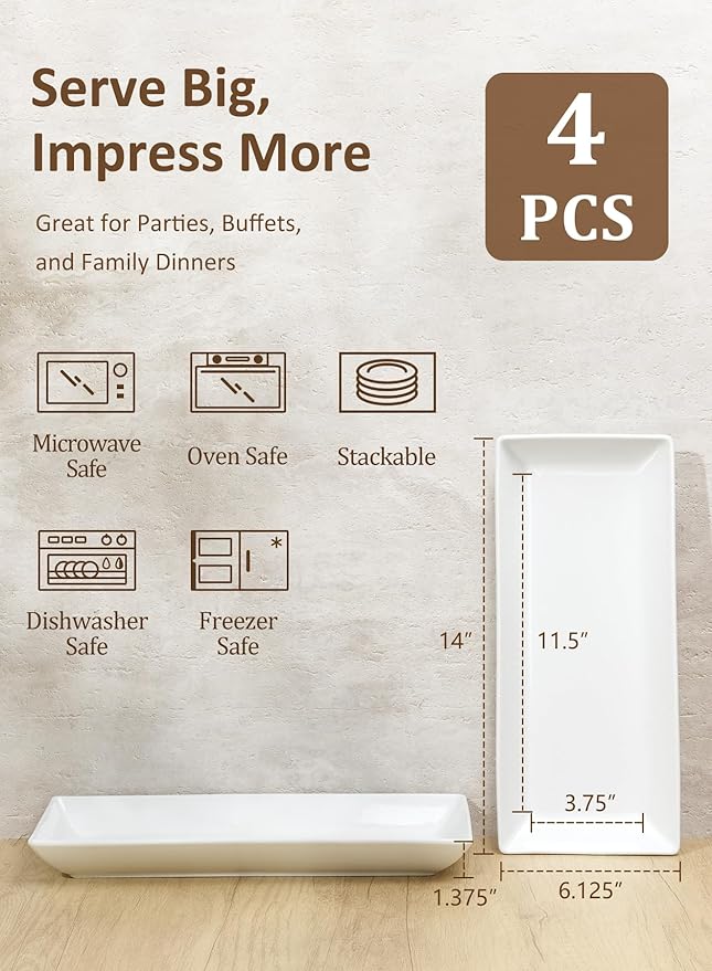 14” White Porcelain Serving Platters, Elegant Large Rectangular Plates Trays for Dinner Parties, Appetizers, Sushi, Desserts & More, Microwave & Dishwasher Safe, Set of 4