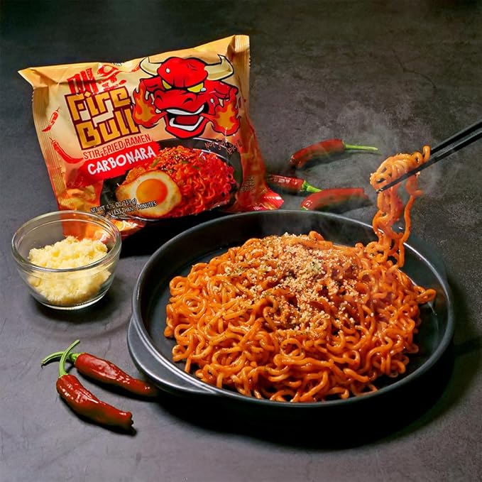 [Fire Bull Ramen] Intense Spicy Carbonara Stir-Fried Ramen | Authentic Korean Heat Meets Flavorful Delight | Thick, Chewy Noodle (4 Pouches)