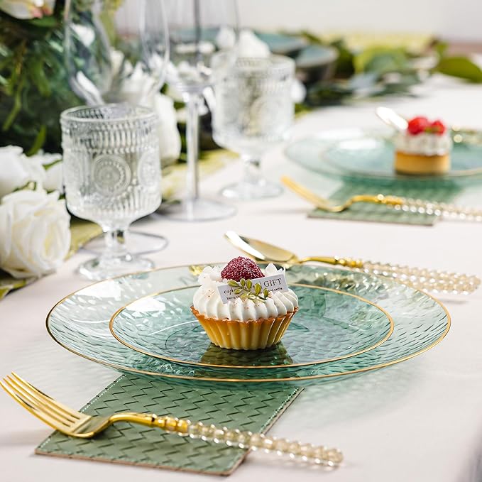 Lullaby 60pcs Green Plastic Plates with Gold Rim, Includes 30pcs Dinner Plate 10'' and 30pcs Clear Dessert Plate 7'', Green Disposable Plastic Plates for Parties, Birthdays and Wedding