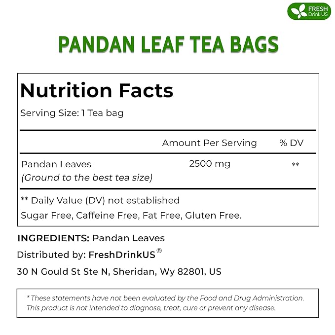 FreshDrinkUS, Premium 55 Pandan Leaf Tea Bags, 100% Natural & Pure from Pandan Leaves. Loose Leaf Pandan Herbal Tea. Made with Natural Material Tea Bags. No Sugar, No Caffeine, No Gluten, Vegan.