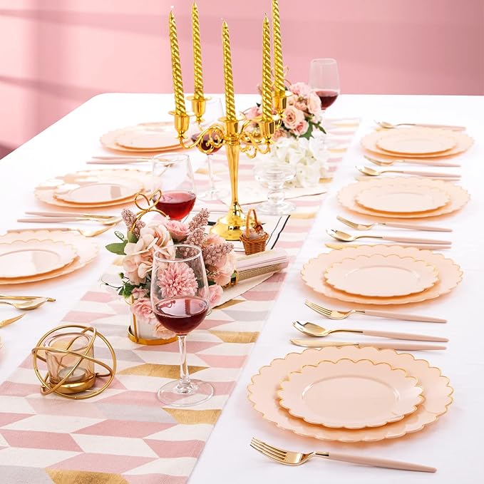 LIYH 60 Pcs Pink Plastic Plates with Gold Pink Plates Disposable Plate Set Includes 30 Dinner 10.25" and 30 Dessert Plate 7.5" for Baby Shower,Weddings,Parties,Birthday