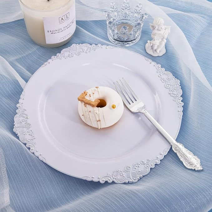 Hioasis 100pcs White Silver Plastic Plates for Party - 7.5" Dessert Plates Disposable, Heavy -duty, Classy and Elegant for Wedding
