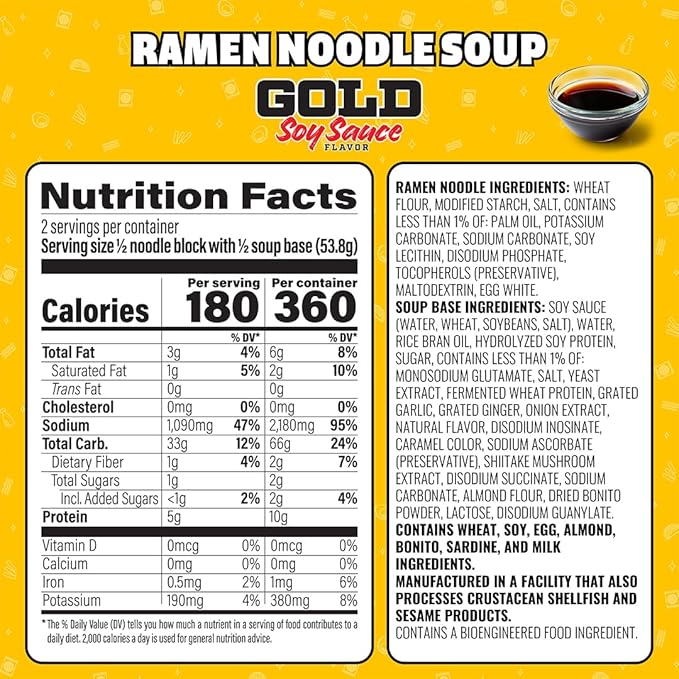 Maruchan Gold Ramen Noodle Soup, Soy Sauce Flavor – Restaurant Quality Japanese-Style Instant Noodles, Quick & Easy Meal – 3.79 Oz. (5 Pack)