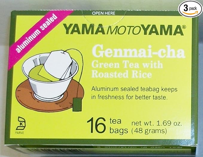 Yamamotoyama Genmai-cha Green Tea with Roasted Rice 16 Count Tea Bags Aluminum Sealed (3 Pack)
