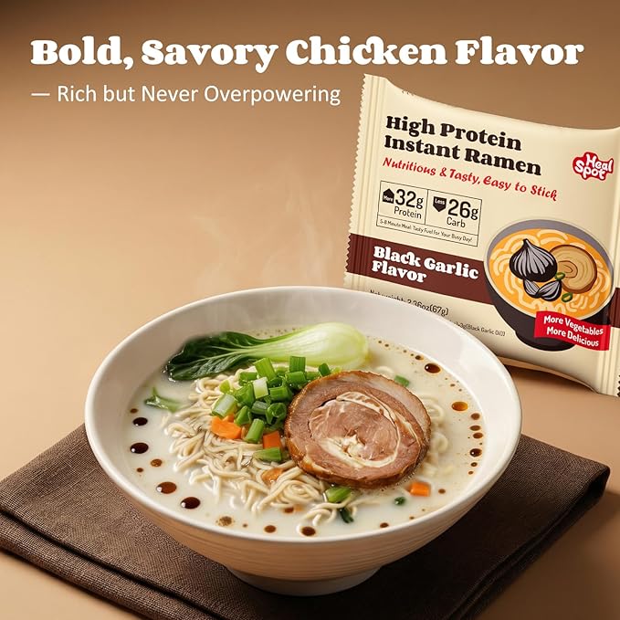 HealSpot High Protein Instant Ramen, 6 Pack Non Fried Ramen Broth, 32g Plant Based Protein, Low Fat, Low Carb, Non GMO, Keto Friendly Plant Based (Black Garlic Classic-Pork Flavor)