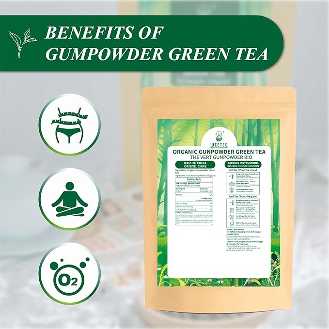 WT WEETEE Organic Gunpowder Green Tea, USDA Organic Loose Leaf Green Pearls Tea 8 Ounce, Full-Bodied & Gently Rolled Chinese Green Tea, Caffeinated