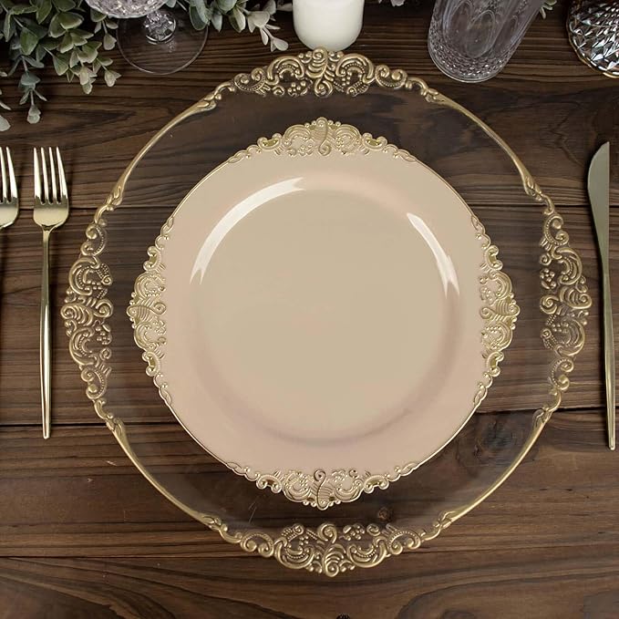 Efavormart 10 Pack | 10" Taupe and Gold Baroque Dinner Plates, Leaf Embossed Metallic Rim Heavy Duty Serving Plates for Neutral Organic Weddings