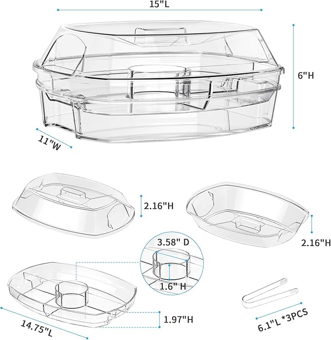 Ice Chilled Party Platter - 15'' Divided Serving Tray with Lid and 4 Compartments, Clear Fruit Trays for Serving for Party, Ideal Cold Chilled Serving Trays for Parties, Shrimp Cocktail, Etc