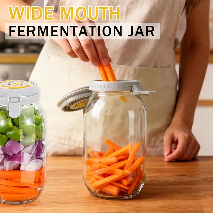 2 Pack Fermentation Jar with Automatic Venting & Date Marker - 2L Airtight Glass Storage Jar for Pickles, Kimchi, Jams, Dry Goods, Leak-Proof Food Container (0.53 US Gal / 67.6 US fl oz)