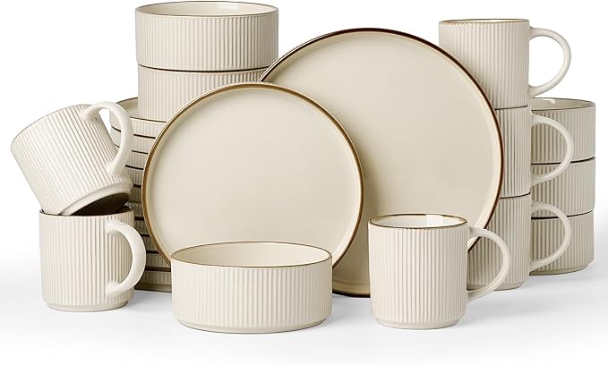 Famiware Star 24-Piece Stoneware Dinnerware Sets with Trim, Service for 6 - Ceramic Mugs, Plates, Bowls, Dishes for Everyday/Party/Formal Use, Chip/Scratch Resistant, Microwave/Dishwasher Safe, Cream