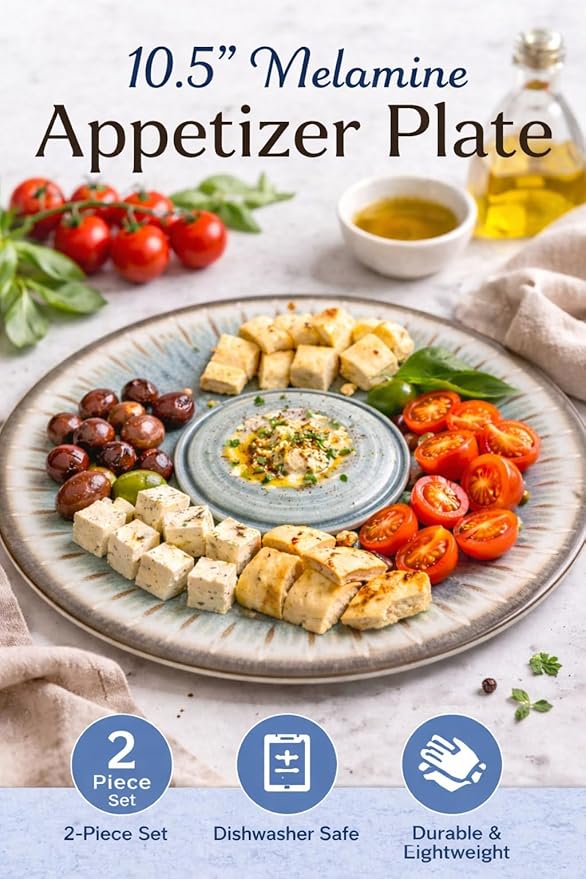 Dependable Industries inc. Essentials 10.5" Melamine Serving Plates – 2-Piece Set for Hummus, Guacamole, Salsa, Dips & Appetizers – Durable Dishwasher Safe Decorative Dishware