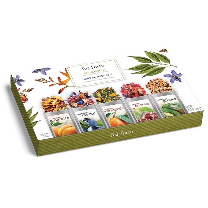 Tea Forte Single Steeps Loose Leaf Tea Sampler, Assorted Variety Tea Box, 15 Single Serve Pouches, Gifts for Mom, Herbal Retreat Tea