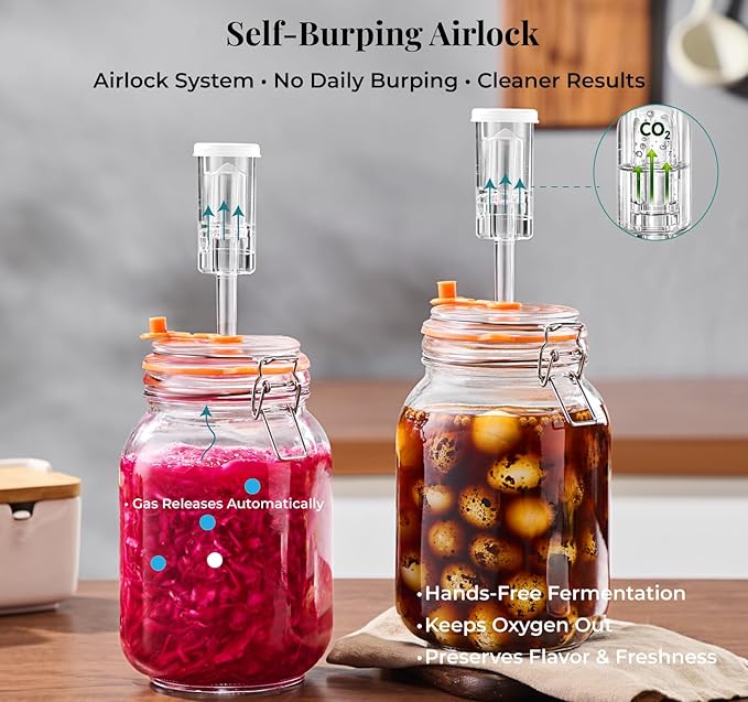 1.5L Wide Mouth Fermentation Jars, Pack of 2 with Airlocks & Glass Weights, Complete Fermenting Kit for Sauerkraut, Kimchi & Pickles