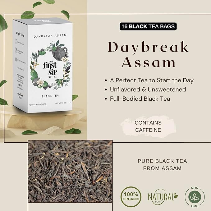 Daybreak Assam Black Tea, Pyramid Tea Bag Sachets, High Caffeine, Strong Morning Tea, Pure Unblended, Hot & Iced Tea - 16 Cups | The Spice Hut, First Sip of Tea