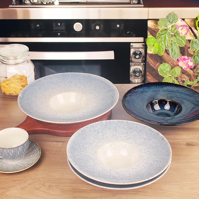 Soup Bowls, Soup Plates, 5.1 oz, Porcelain Pasta Bowl Set of 4, Wide edge Shallow Bowl Plates, Rimmed Bowls with Rim, Best choice for high-end restaurants and foodies,Azure blue, 9.8 Inch
