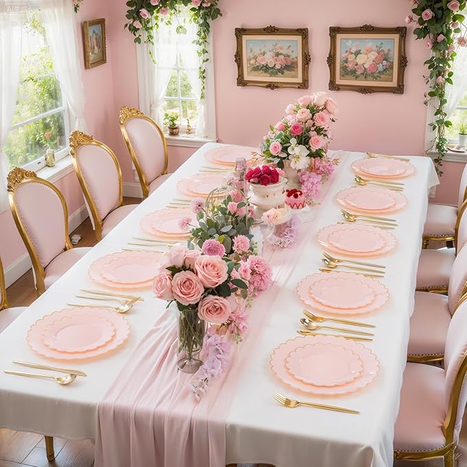 LIYH 120 Pcs Pink Plastic Plates Disposable Set Includes 60 Dinner Plate 10.25" & 60 Dessert Plate 7.5" with Elegant Gold Rim for Party Birthday Baby Shower