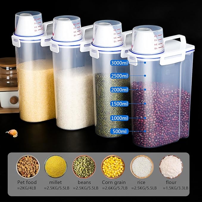 2 Pcs 5.5 LB Rice Storage Container, Airtight Cereal Flour Dispenser with Pouring Spout & Measuring Cup, Kitchen Plastic Clear Dry Food Storage Bin for Grain Oatmeal Snacks Pet Dog Food