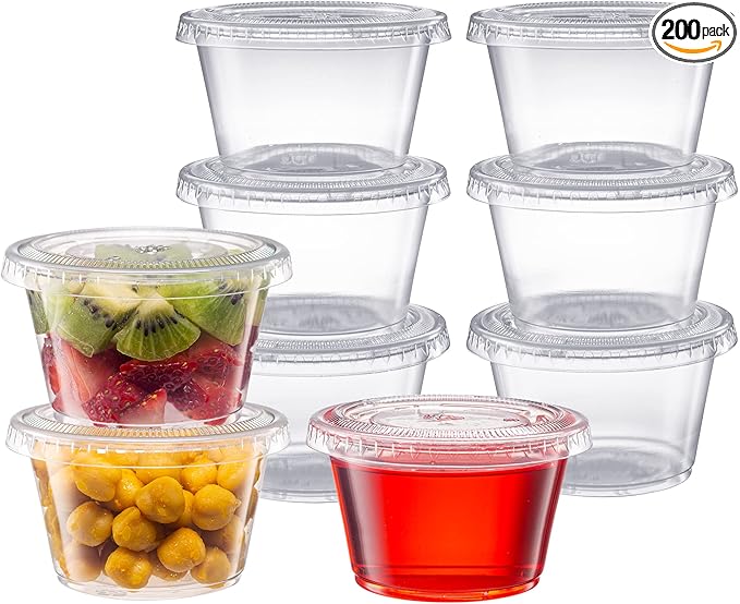 Pantry Value 4 oz Jello Shot Cups with Lids [200 Count] Clear Disposable Plastic Portion Containers for Snacks, Sides, Meal Prep & Sauces - Durable, Stackable, Leak-Resistant