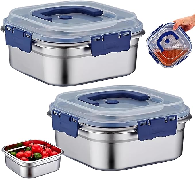 2PCS Kimchi Containers, 1.8L Stainless Steel Airtight Containers with Lids & Handle & Buckle Oven Safe for Roasting, Brining, Meal Prep, Storing
