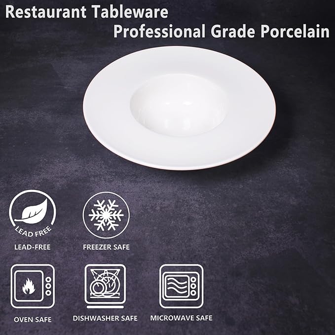 Soup Bowl, Soup Plate with Rim 12 oz, Pasta Bowl Set of 4, White Shallow Bowl Plate, Ceramic Wide Rimmed Soup Bowl, Best choice for high-end restaurants, hotels, and foodies, 8.86 Inch
