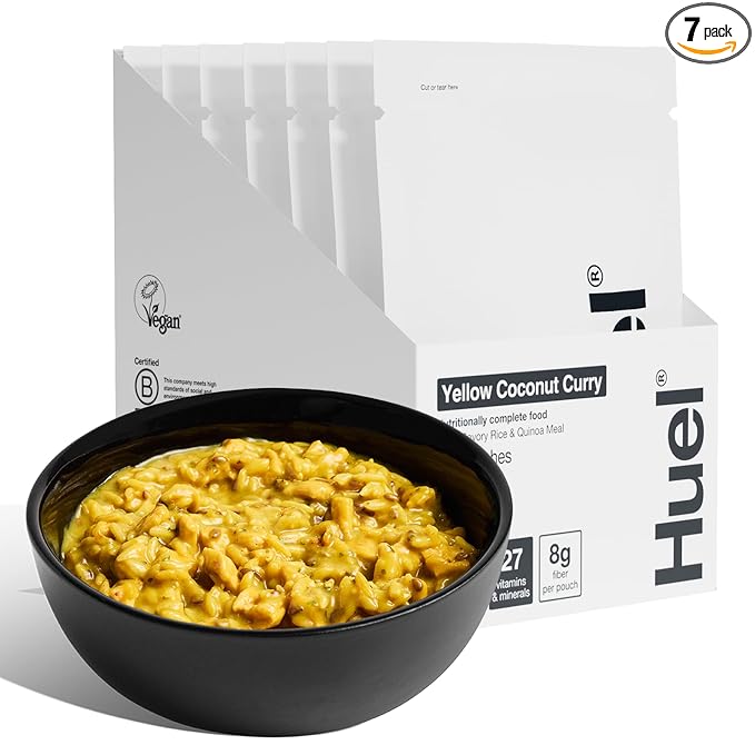 Huel Hot and Savory Meal Packs | Yellow Coconut Curry | Up to 25g Protein Plant Based Instant Meal | 27 Vitamins and Minerals | 100% Nutritionally Complete | 7 Pack