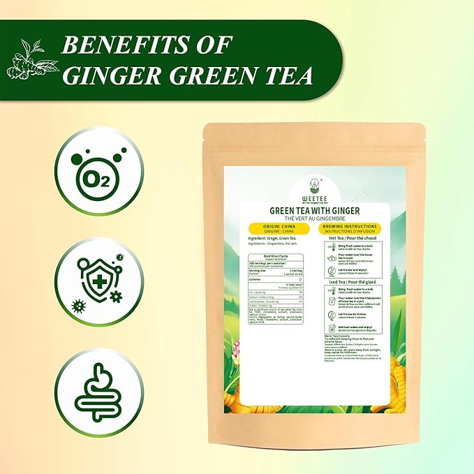 WT WEETEE Green Tea with Ginger, 100 Count Real Ginger & Premium Green Tea Bags | Warm & Strong, No Flavorings | Digestive Comfort & Light Energy