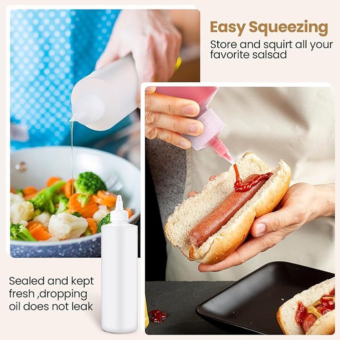 Irenare 30 Pack Plastic Condiment Squeeze Bottles for Sauces Empty Squirt Bottle with Top Cap for Condiment BBQ, Dressing, Paint, Workshop, Crafts(White,16 oz)