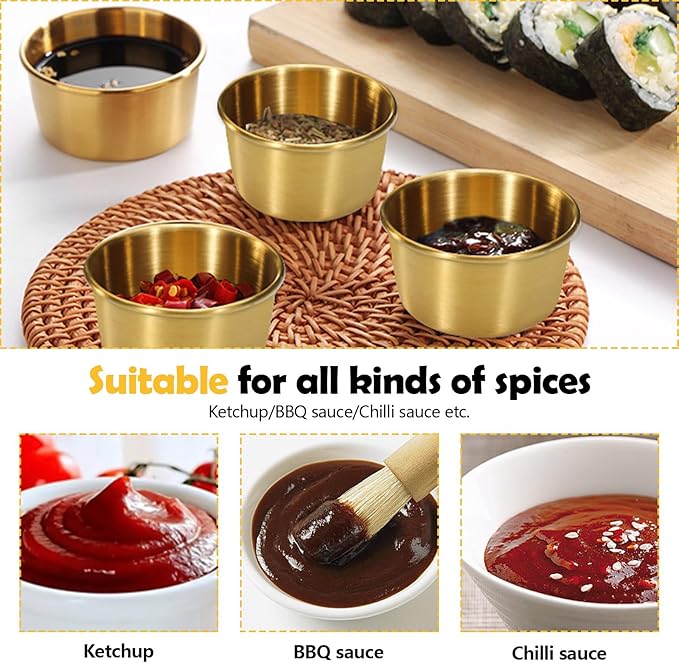Huakaile 9 Pcs 2 oz Stainless Steel Dipping Sauce Cup, Mini Dip Bowls, Reusable Metal Condiment Cups Ramekins Containers for Ketchup Dressing Home Party Restaurant Kitchen (9PCS Gold)