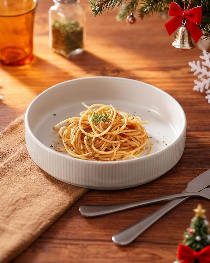 famiware Star 7.5" Pasta Bowls Set, Salad Bowl Set of 6, Double Reactive Glaze, Stackable, Perfect for Your Friend for Housewarming, Thanksgiving, Christmas, Matte White (Full Glaze)