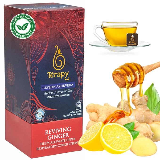 TERAPY Ceylon Ginger and Honey Tea – Premium Blend of Organic Ginger, Wild Bee’s Honey, Ashwagandha, and Lemongrass – Honey Citron Tea Bags for Digestive Wellness Immunity and Daily Vitality – 20 Bags