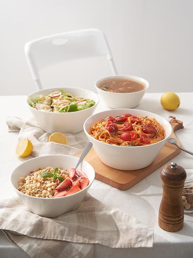 DOWAN 32 OZ Large Soup Bowls Set of 4 - White Ceramic Bowls for Kitchen, Deep Bowls for Cereal, Salad, Pasta, Fruits, Ramen, Dishwasher & Microwave Safe