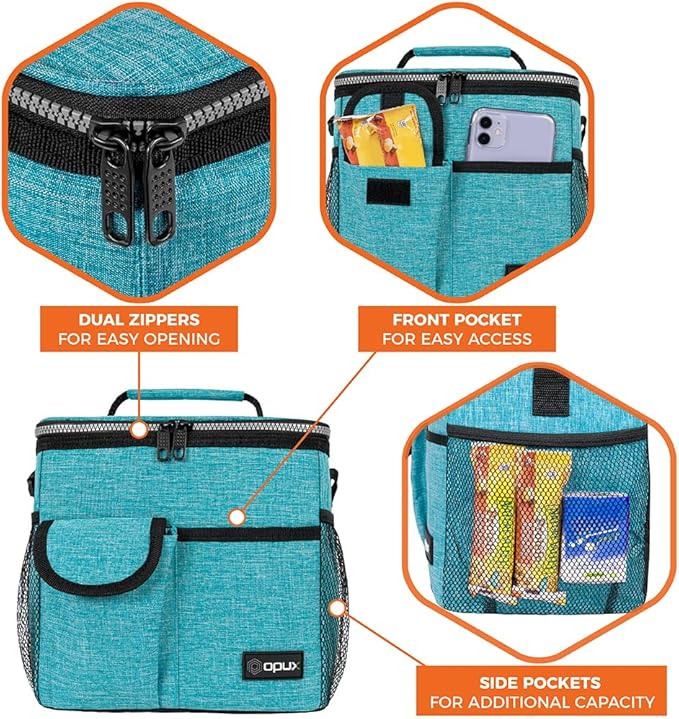 opux Insulated Lunch Box for Men Women Kids, Leakproof Reusable Lunch Bag Cooler for Work School Office, Soft Thermal Lunchbox Tote Shoulder Strap for Boys Girls Adults, Heather Sea Blue, 18 Can/10L