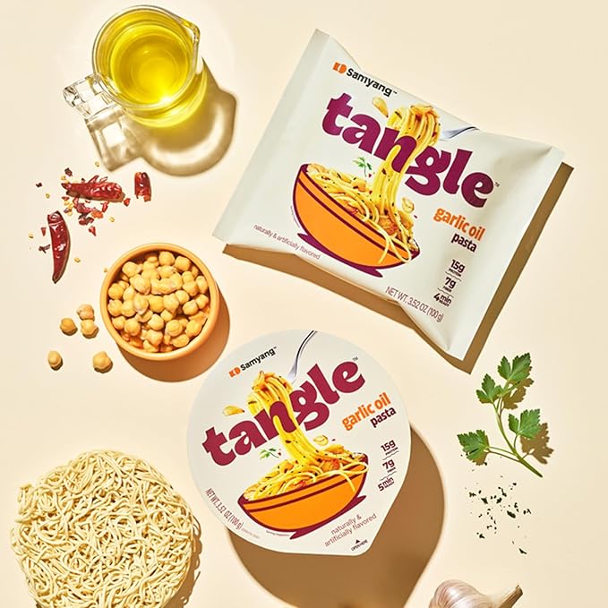 Samyang Tangle Garlic Oil Spaghetti Aromatic Roasted Garlic and Olive Oil Flavor Spicy Kick Air Dried Noodle Quick Microwave Meal 3.70 oz (Pack of 6)