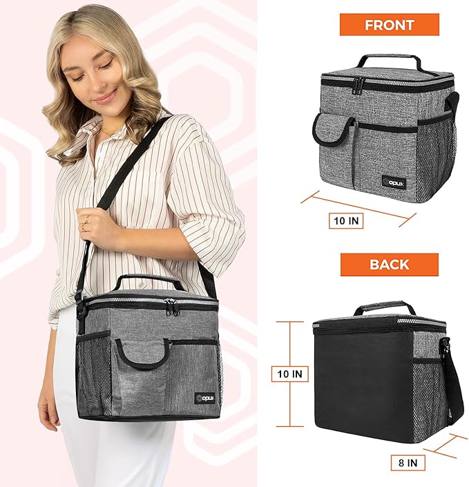 opux Insulated Lunch Box for Men Women Kids, Leakproof Reusable Lunch Bag Cooler for Work School Office, Soft Thermal Lunchbox Tote Shoulder Strap for Boys Girls Adults, Heather Gray, 18 Can/10L