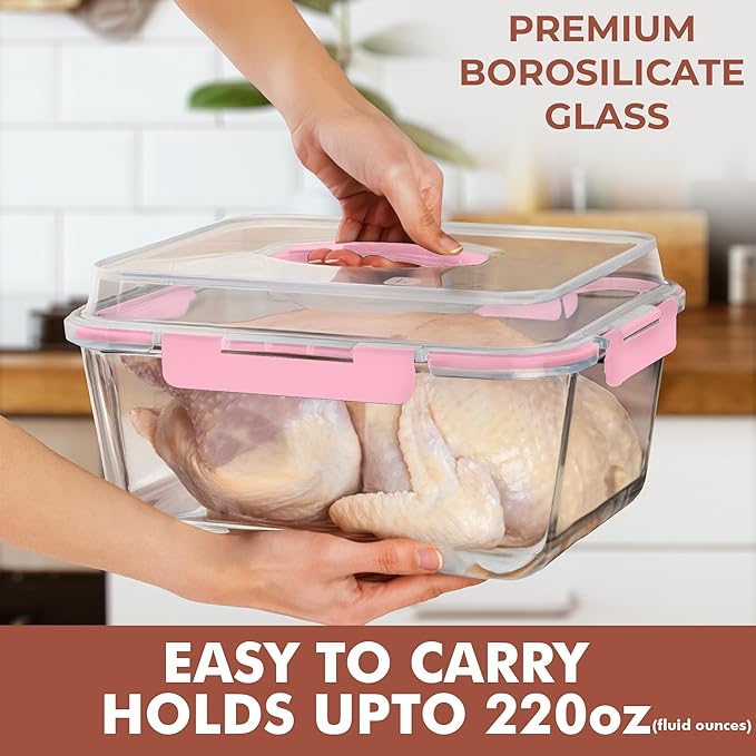 Razab 6500ml / 220 Oz / 28 Cups Extra Large Glass Food Storage Containers with Lids - Leakproof Glass Meal Prep Containers with Locking Lids for Roasting & Storing Leftover - Microwave & Oven Safe