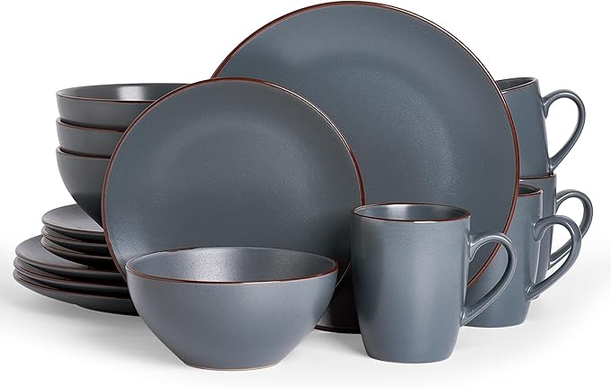Famiware Venus 16-Piece Stoneware Dinnerware Sets with Mugs, Plates, Bowls, Service for 4, Matte Charcoal - Modern Ceramic Chip‑Resistant Dishes for Everyday & Formal Use, Microwave & Dishwasher Safe