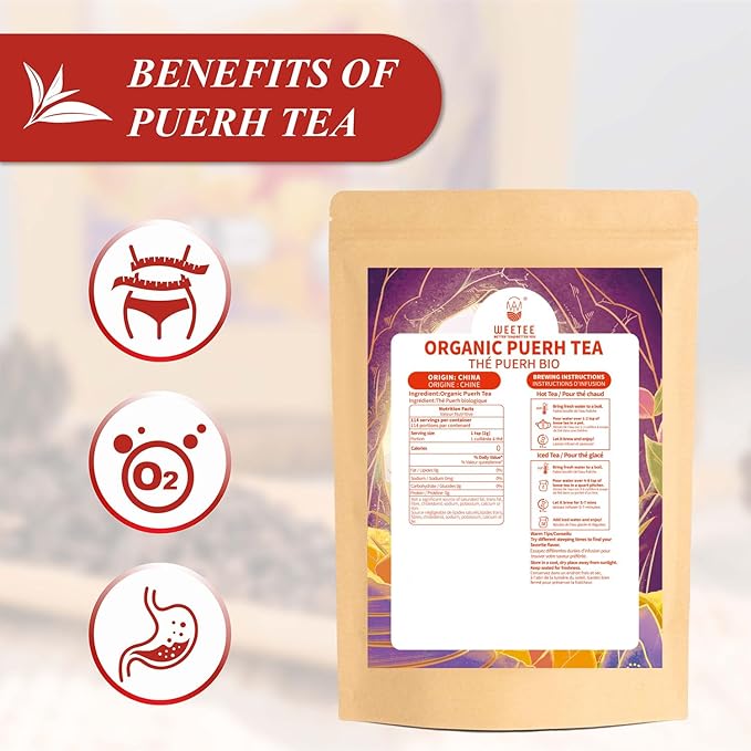 WT WEETEE Organic Pu-erh Loose Leaf Tea, Organic Ripe Pu'erh Tea 228g / 8 ounce, Earthy Darktea Blacktea, Rich Antioxidants