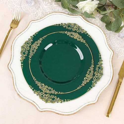 Efavormart 10 Pack | 8" Hunter Emerald Green and Gold Baroque Dessert Plates, Leaf Embossed Metallic Rim Heavy Duty Appetizer Plates for Garden Showers