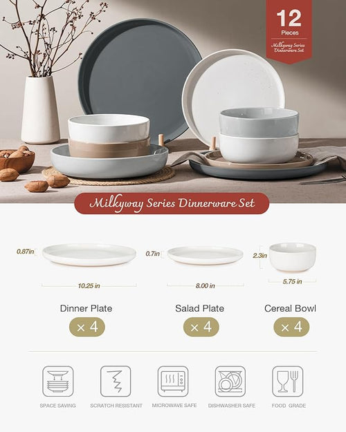 Famiware Milkyway Plates and Bowls Set, 12 Pieces Dinnerware Sets, Dishes Set for 4, Multi-color