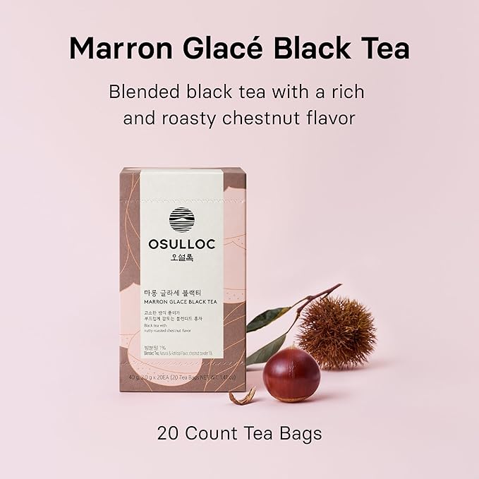 Osulloc Marron Glacé Black Tea, Roasted Chestnut Flavored, Sweet & Elegant Black Tea, Iced tea bags, Premium Tea Bags from Jeju Island, 20 count, 1.41oz