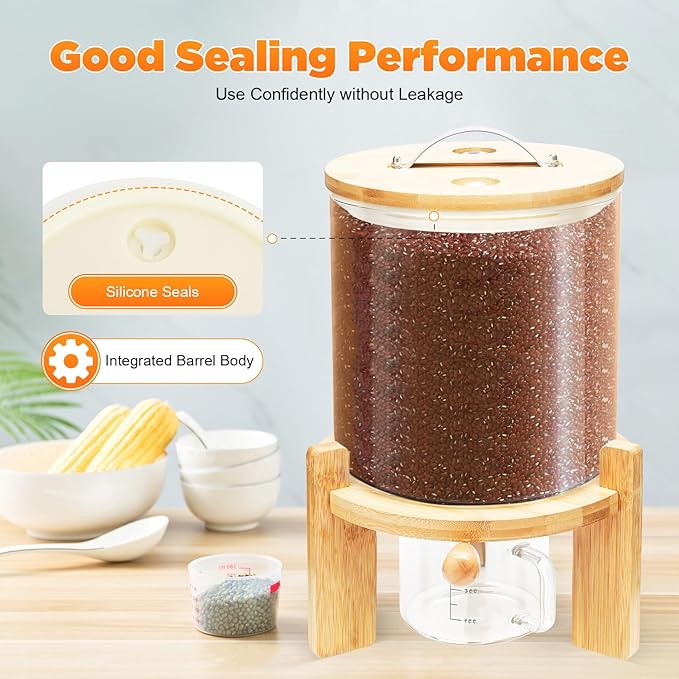 5L Glass Rice Dispenser with Wooden Stand, 1.32 Gal Flour Storage Container, Grain Storage-Bucket Tabletop Cereal Containers w/Manual Venting Valve,Thermometer, Lid, Measuring Cup ﻿ (5L, 1.32Gal)