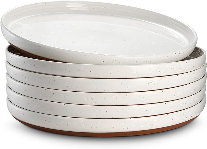 DOWAN 10.5" Large Dinner Plates Set of 6, High Edge Ceramic Plate - Microwave, Oven & Dishwasher Safe, Durable, Modern Dinnerware - Kitchen Porcelain Dish - Khaki White