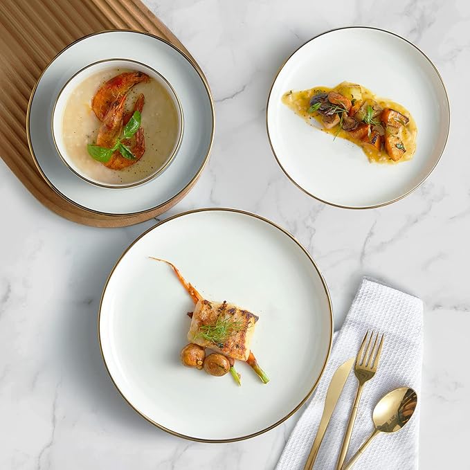 Pokini Porcelain Dinnerware Sets, 12 Piece Luxury China Plates and Bowls Sets, Green Dishes Set Gold Rim for Wedding Anniversary Birthday, Modern Dinner Plates Set