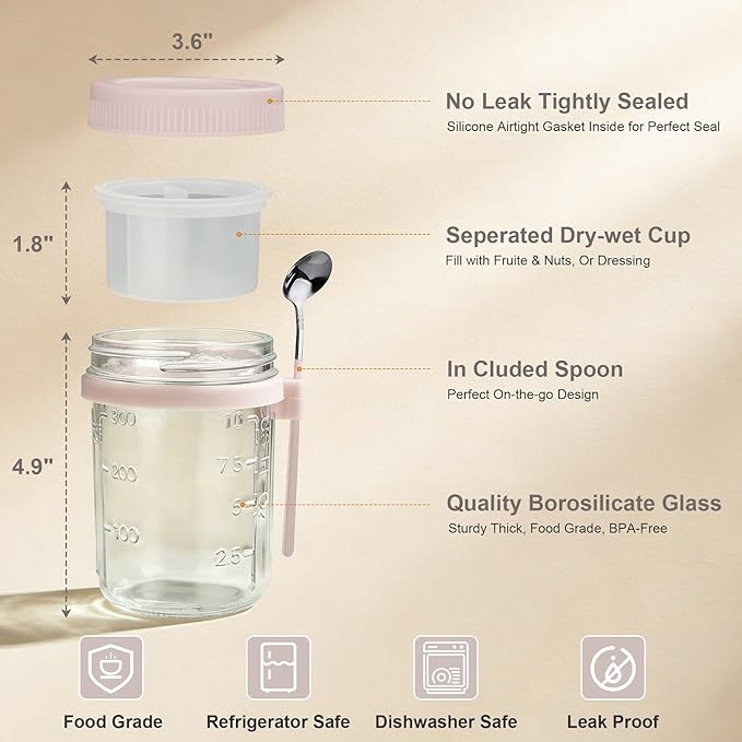 6 Pack Overnight Oats Containers with Lids and Spoon - 16 oz Glass Mason Jars with Separate Compartments Leakproof Chia Pudding Salad Yogurt Parfait Cups for Oatmeal Cereal Meal Prep (Beige)