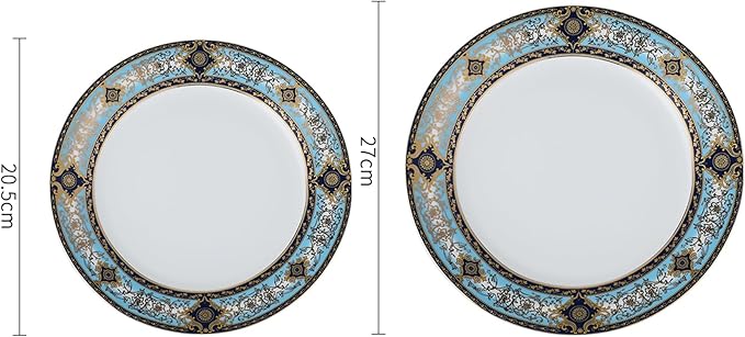 8 Piece Dinnerware Set for 4，Luxury Blue and Gold Porcelain Dinner Plate Set, Ornate Vintage Pattern Ceramic Tableware for Fine Dining, Wedding, Home Decor, Premium Dish sets for Steak and Dessert