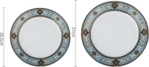 8 Piece Dinnerware Set for 4，Luxury Blue and Gold Porcelain Dinner Plate Set, Ornate Vintage Pattern Ceramic Tableware for Fine Dining, Wedding, Home Decor, Premium Dish sets for Steak and Dessert