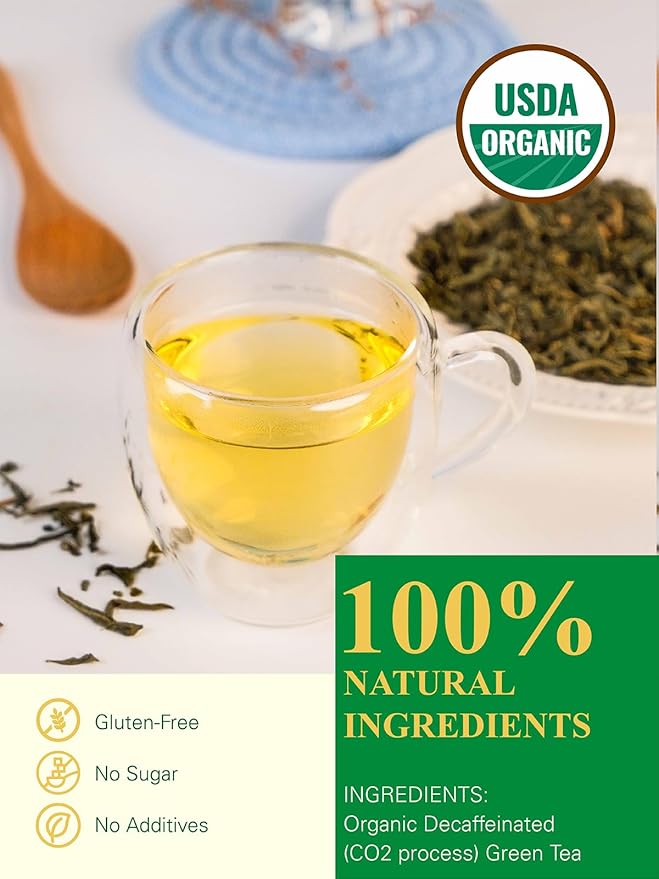 GLDNT Organic Decaf Green Tea, Organic Decaffeinated Green Tea Loose leaf, Delicate & Smooth Flavor, Hot & Iced Tea, 16 Ounce